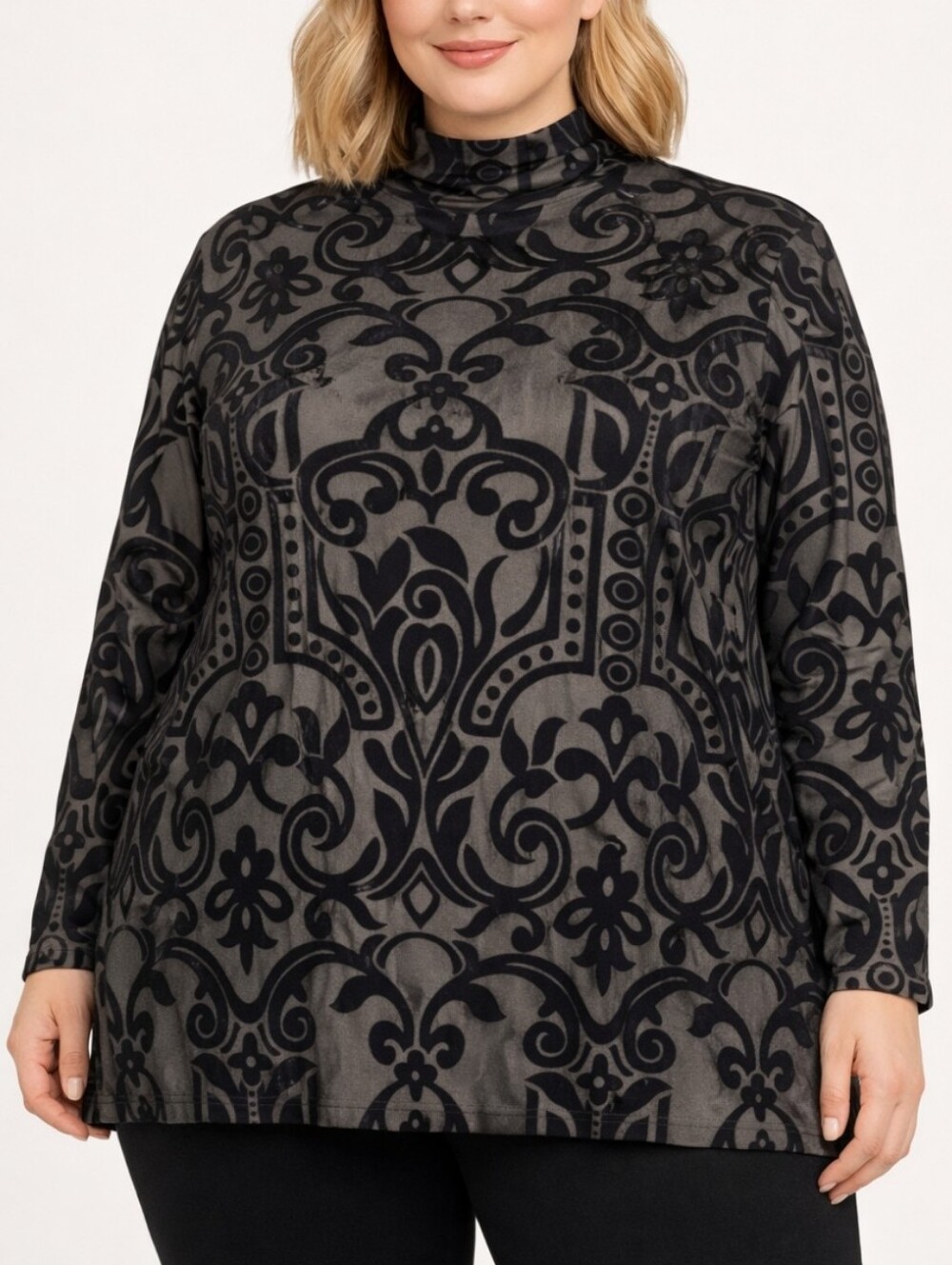 Cato Plus 18/20 Black Burnout Velvet Mock Neck Top Floral Damask Whimsigoth